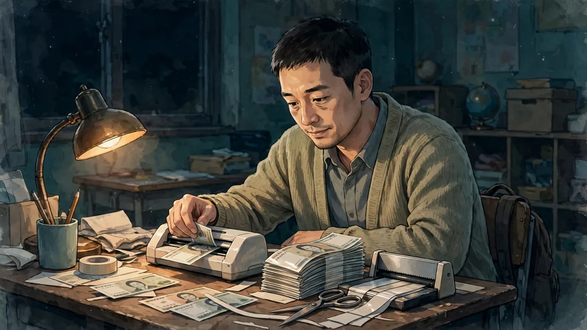 밤에 코팅기 앞에서 학급 화폐를 만드는 교사