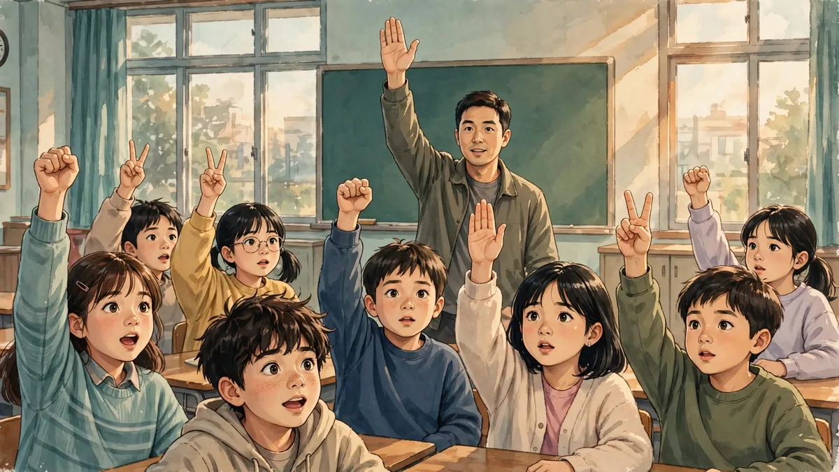 주가를 정하려고 반 전체가 동시에 가위바위보를 하는 장면