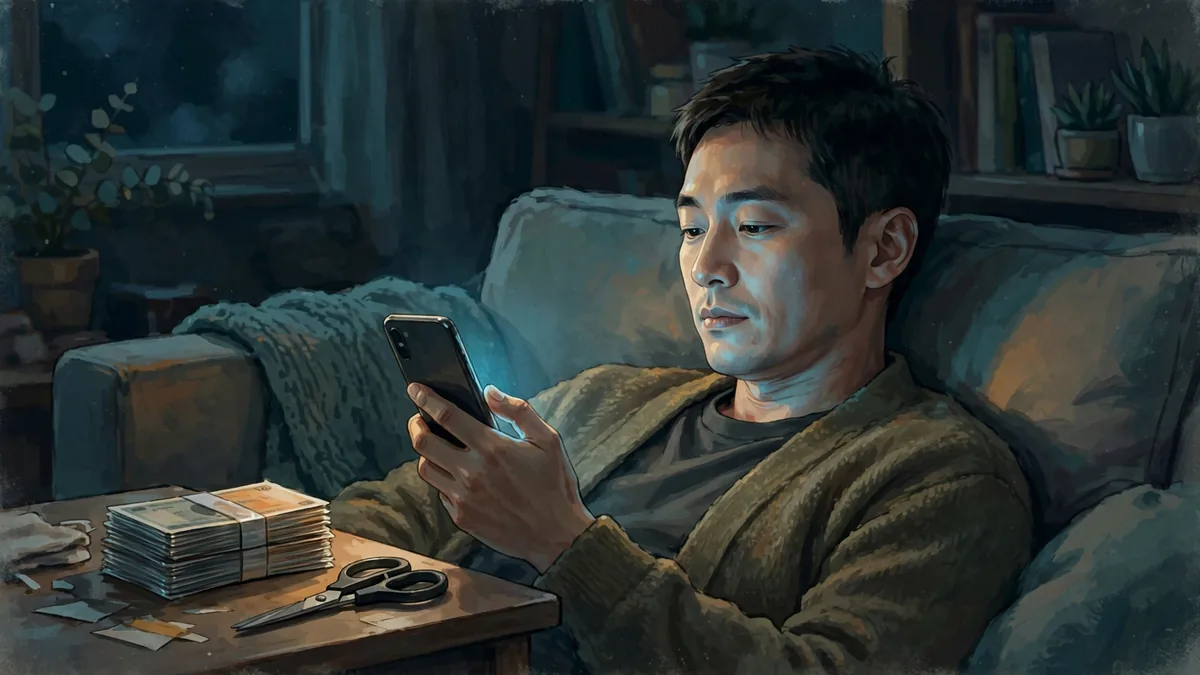 밤에 소파에서 영상을 보는 교사, 옆 탁자에는 손대지 않은 종이돈과 가위