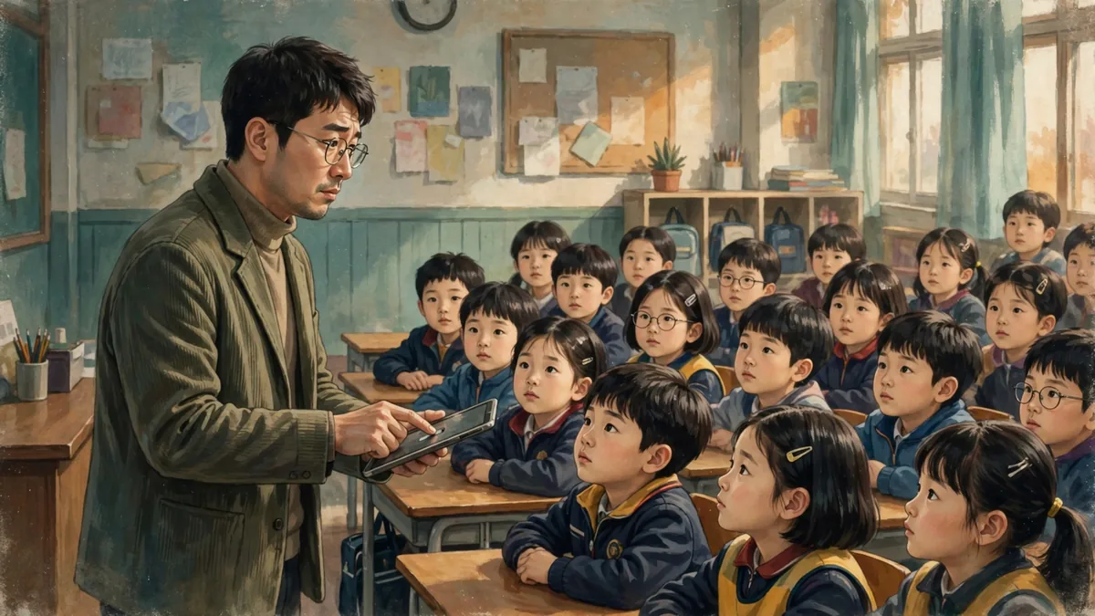 교실 앞에서 태블릿의 버튼 하나를 누르는 남교사, 반 아이들 전체가 화면이 아니라 선생님을 쳐다보고 있다