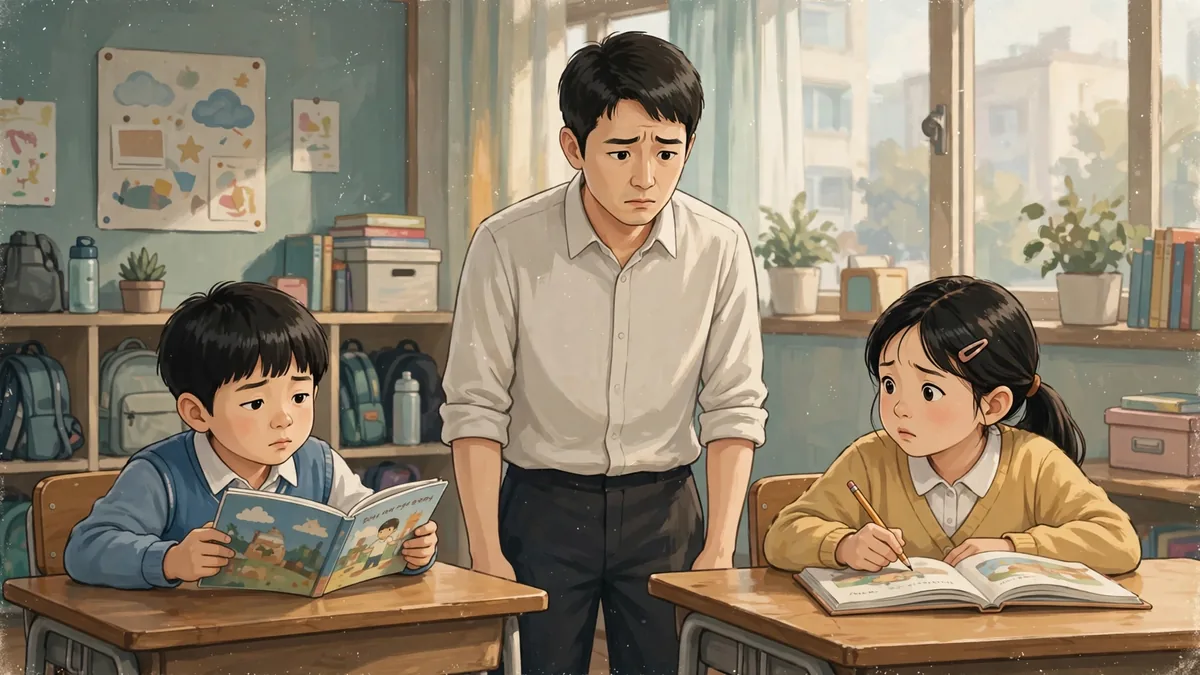 영어 시간, 그림책을 술술 읽는 아이와 같은 책 앞에서 연필이 멈춘 아이 사이에 선 남교사